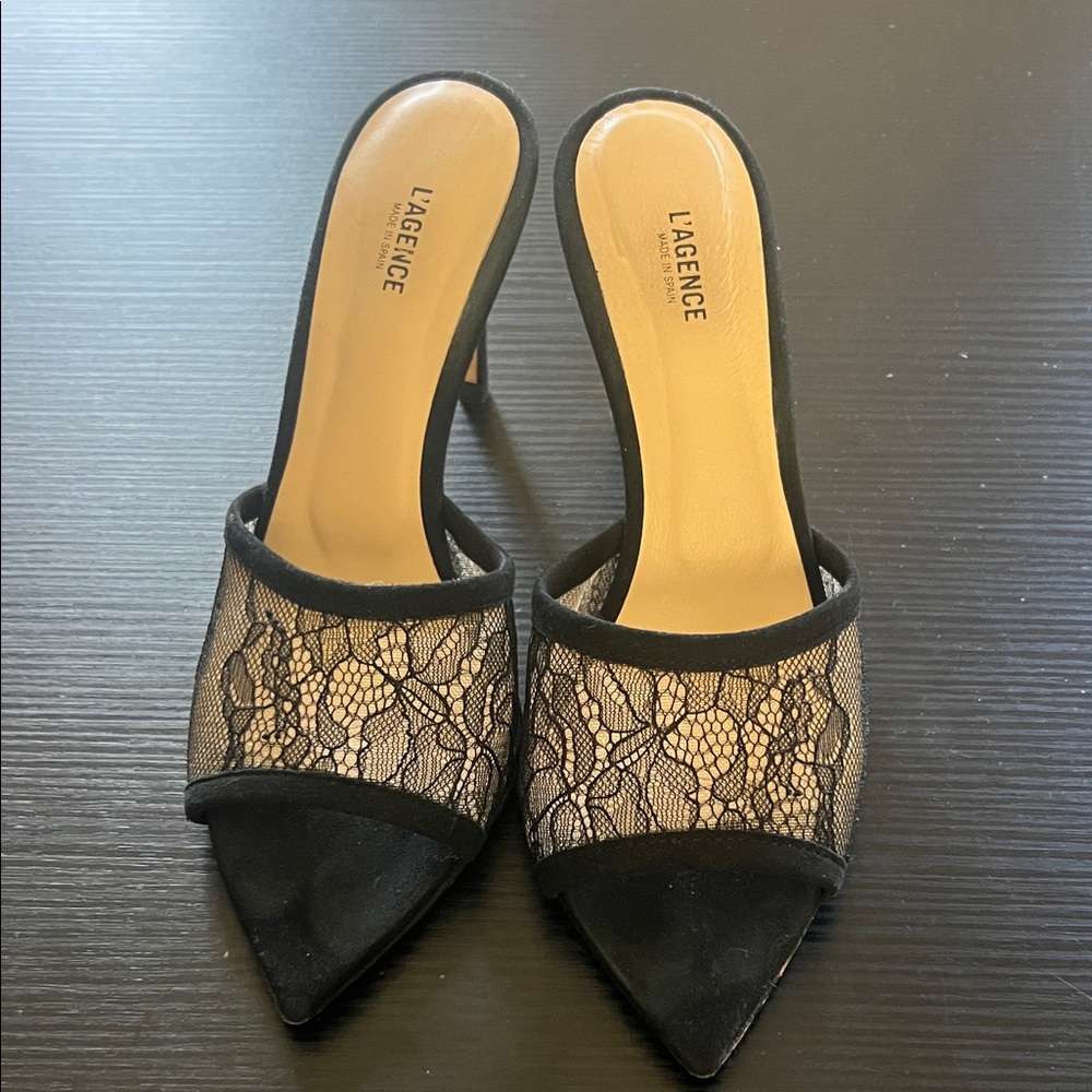 L'AGENCE Black and Cream Lace Heels